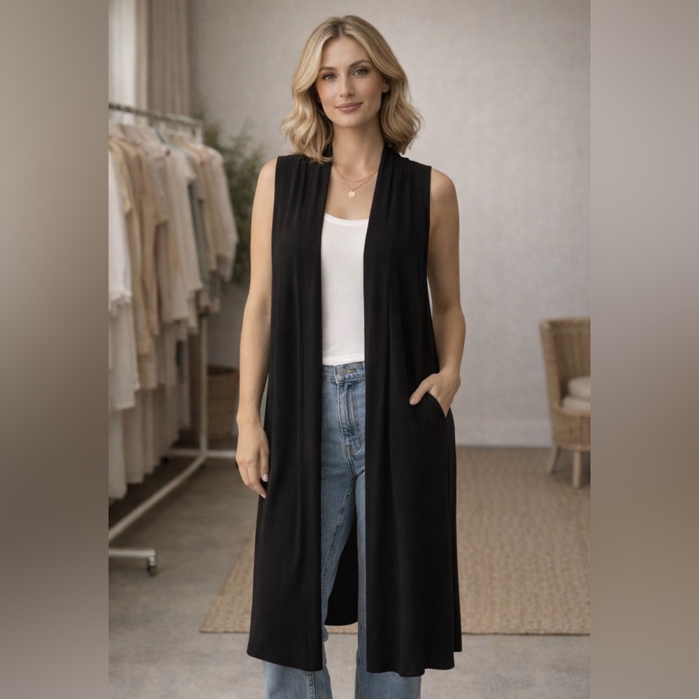 Calvin Klein Black Long Open Drape Vest - Sleeveless Duster Cardigan Petite Sm